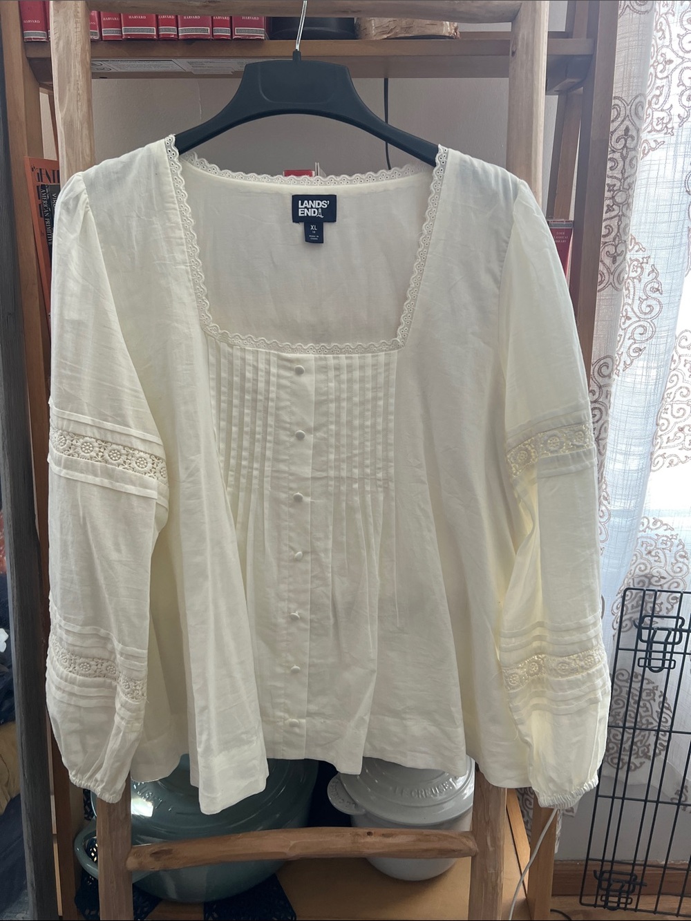 Lands' End Cream Lace-Trim Peasant Blouse